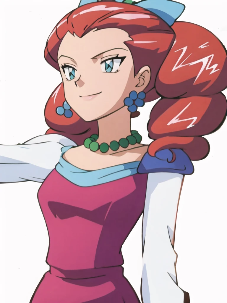 (masterpiece, best quality:1.2,,ultra detailed,8k),1girl,solo,Jessebelle \(pokemon\),dress,drill hair,red hair,earrings,green eyes,hair bow,long sleeves,necklace,smile,looking at viewer