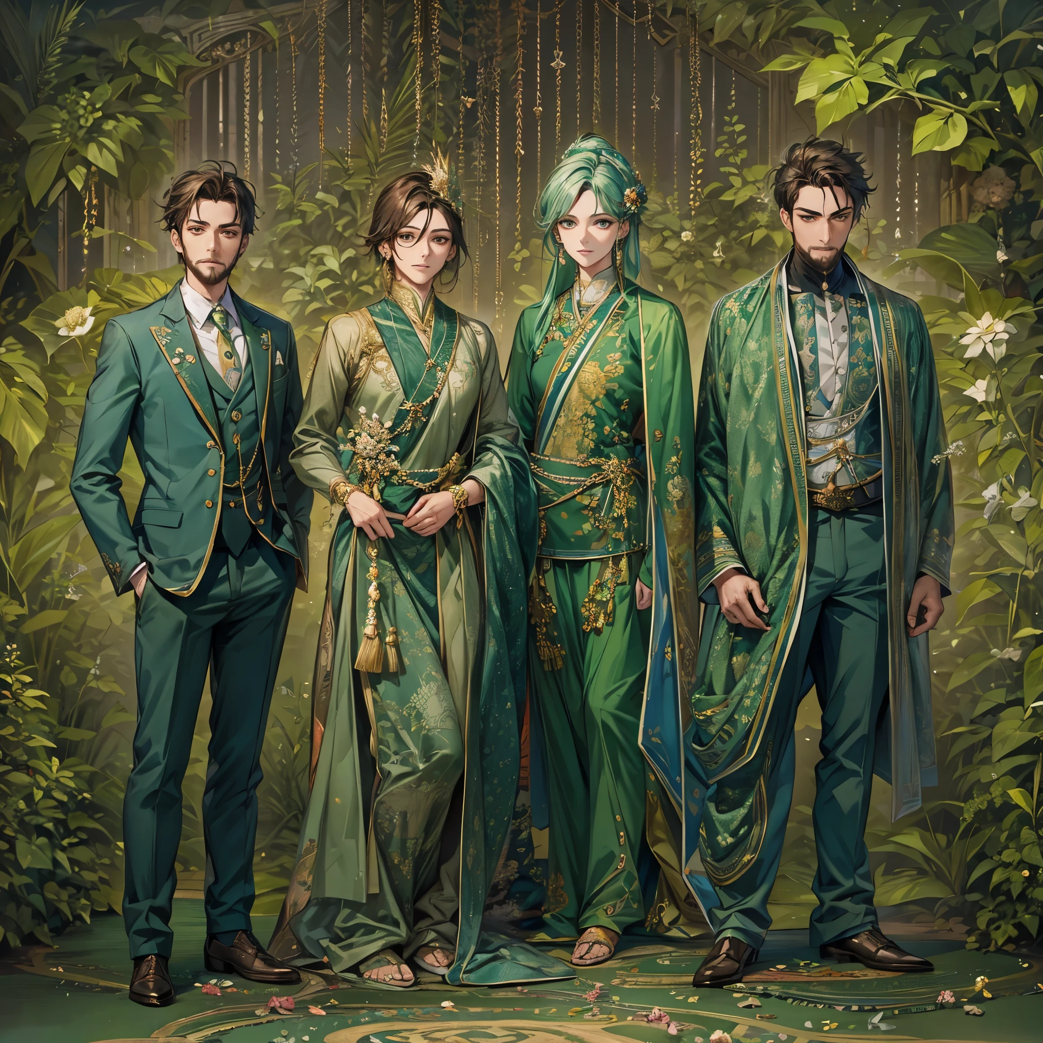 Create an image divided into four sections with a green theme: a lively Campaigner male, a serene Mediator female, a confident Protagonist male, and a wise Advocate male, each in distinctive poses against a unified backdrop with shades of green, incorporating delicate and mystical elements to enhance the overall visual appeal.