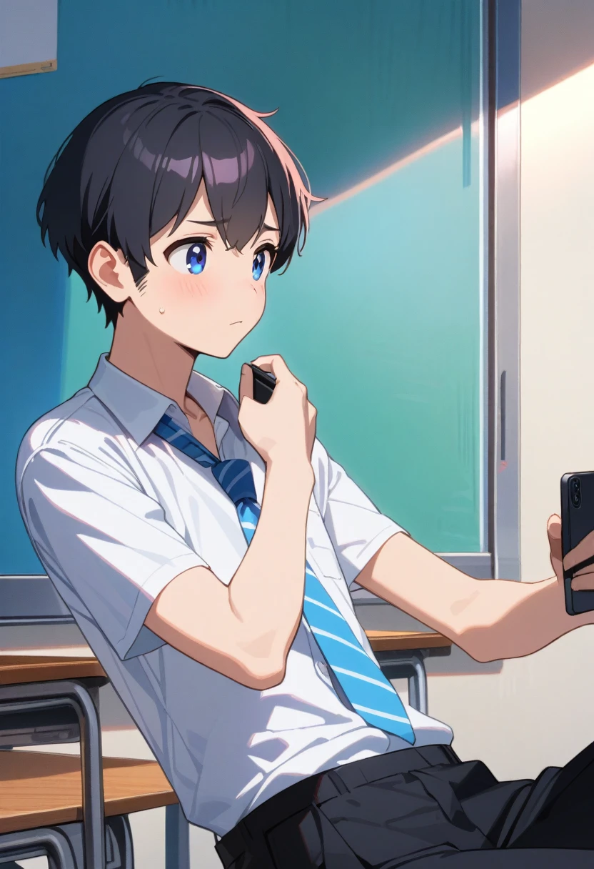 masterpiece, best quality, extremely detailed, ultra detailed, flat anime, 2D, ((1boy)),black hair, (short hair:1.5),blue eyes, height 1.7meters, (circle eyes:1.2), (young adult:1.2), Ear-length sideburns,height 1.7meters, High School Uniforms, white shirt, blue tie, ((short sleeves)), ((long pants)), sitting, closed mouth, thinking, upper body, summer, classroom, 11AM,looking at his smart phone., Operating a smart phone, bangs,(tareme:1.2)