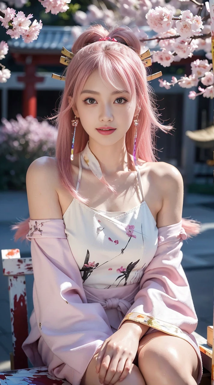 kpop idol, yae miko, detached sleeves, bare shoulders, pink hair, long hair, japanese clothes, best quality, (painting:1.5), (hair ornament:1.35), jewelry, purple eyes, earrings, breasts, torii, cherry blossoms, lantern light, depth of field face focus, ribbon_trim, (looking at viewer:1.25), nontraditional miko, shiny skin, long sleeves, smile, thick lips, hands on lips, east asian architecture, (blurry background:1.2), sitting, upper body,((ultra high res, 8k, RAW photo, best quality, masterpiece:1.47746,realistic:1.4, photo-realistic:1.4,cinematic lighting:1,intricate details:1,raw photo:1))(((ultra-detailed:1.47746))),professional lighting,((physically-based rendering:1)), ((ruddy skin:1,sweat))lens flare,ray tracing ,(extremely detailed face, beautiful detailed eyes,expressive hair:1.5,shiny hair;1)cinematic lighting,(vivid expression) (body muscle:1) solo(1girl:1.5)((smiling:1),(plump figure:1,blance body:1)(realistic hand,realistic clothes)