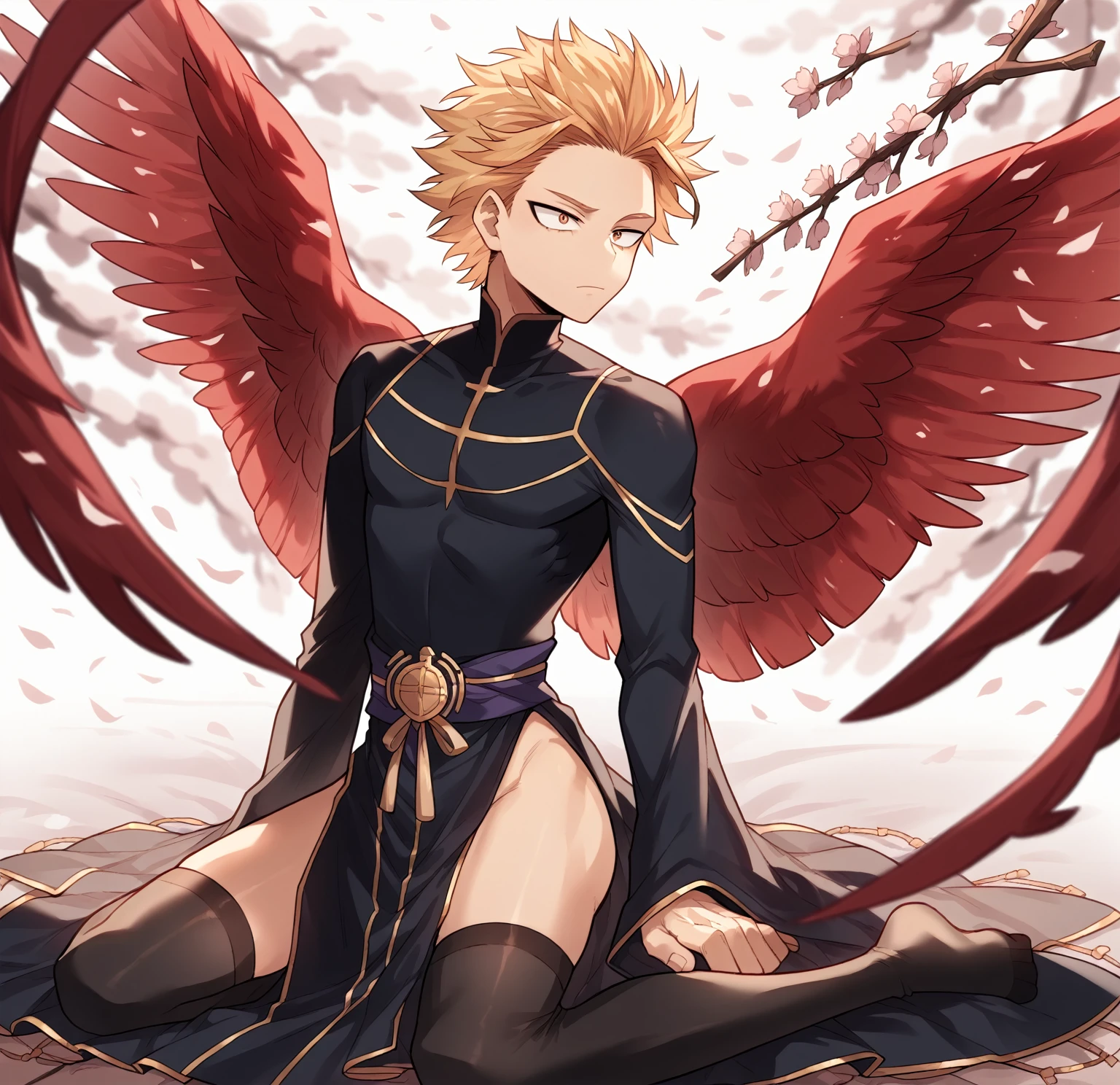 [1], Alone, short stature, blonde gay boy, submissive, slicked back hair, two front strands that stick out, tousled locks, gold eyes, black line in your tear ducts, red wings on the back, red bird tail, delicate hands, fine ranges, delicate, submissive, curvy thighs, small waist, dress: dark necklace , white thigh length sleeveless long collar shirt, dark shorts, long dark thigh high stockings, seated, apariencia submissive, delicate , cherry petals, Hawks, Boku no Hero Academia