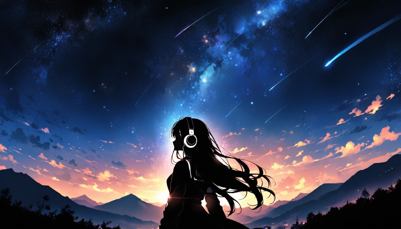 sunset、hill、cloud、Long Hair、woman、silhouette、Back view、Beautiful starry sky、Look up at the sky、The wind is blowing、Wide sky、Headphones、shooting star