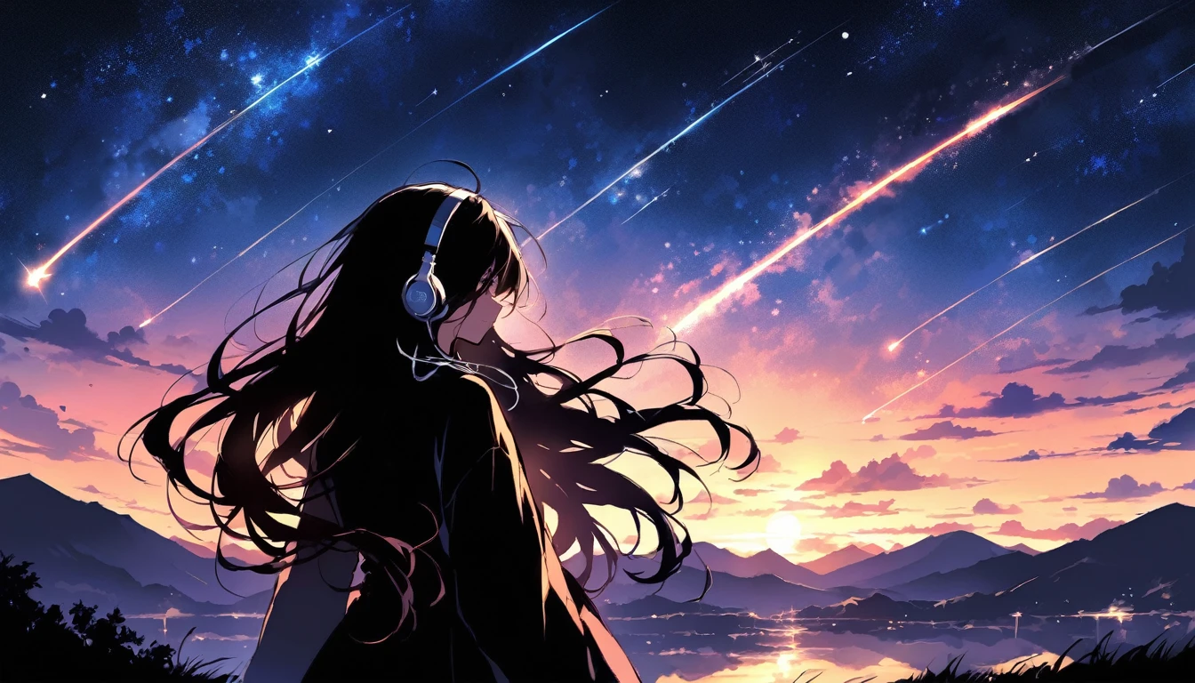 sunset、hill、cloud、Long Hair、woman、silhouette、Back view、Beautiful starry sky、Look up at the sky、The wind is blowing、Wide sky、Headphones、shooting star