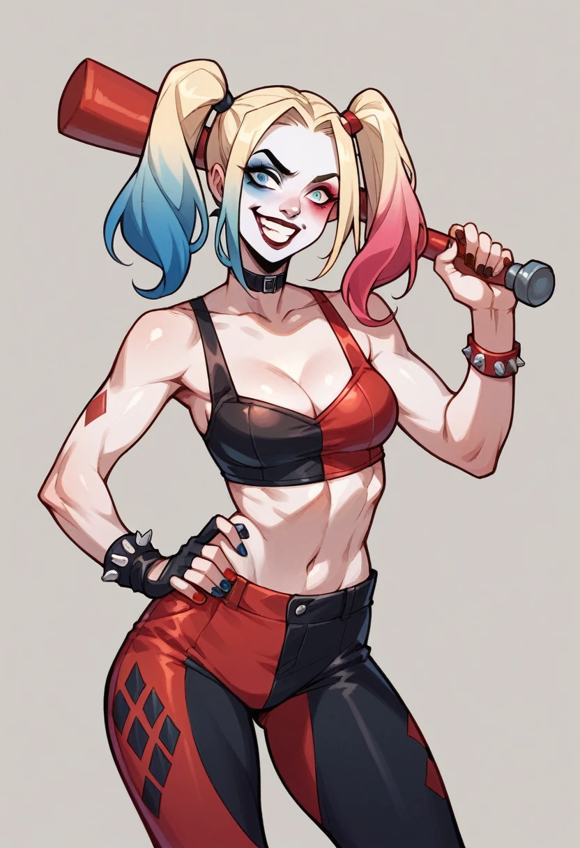 Harley quinn, smiling, holding a hammer