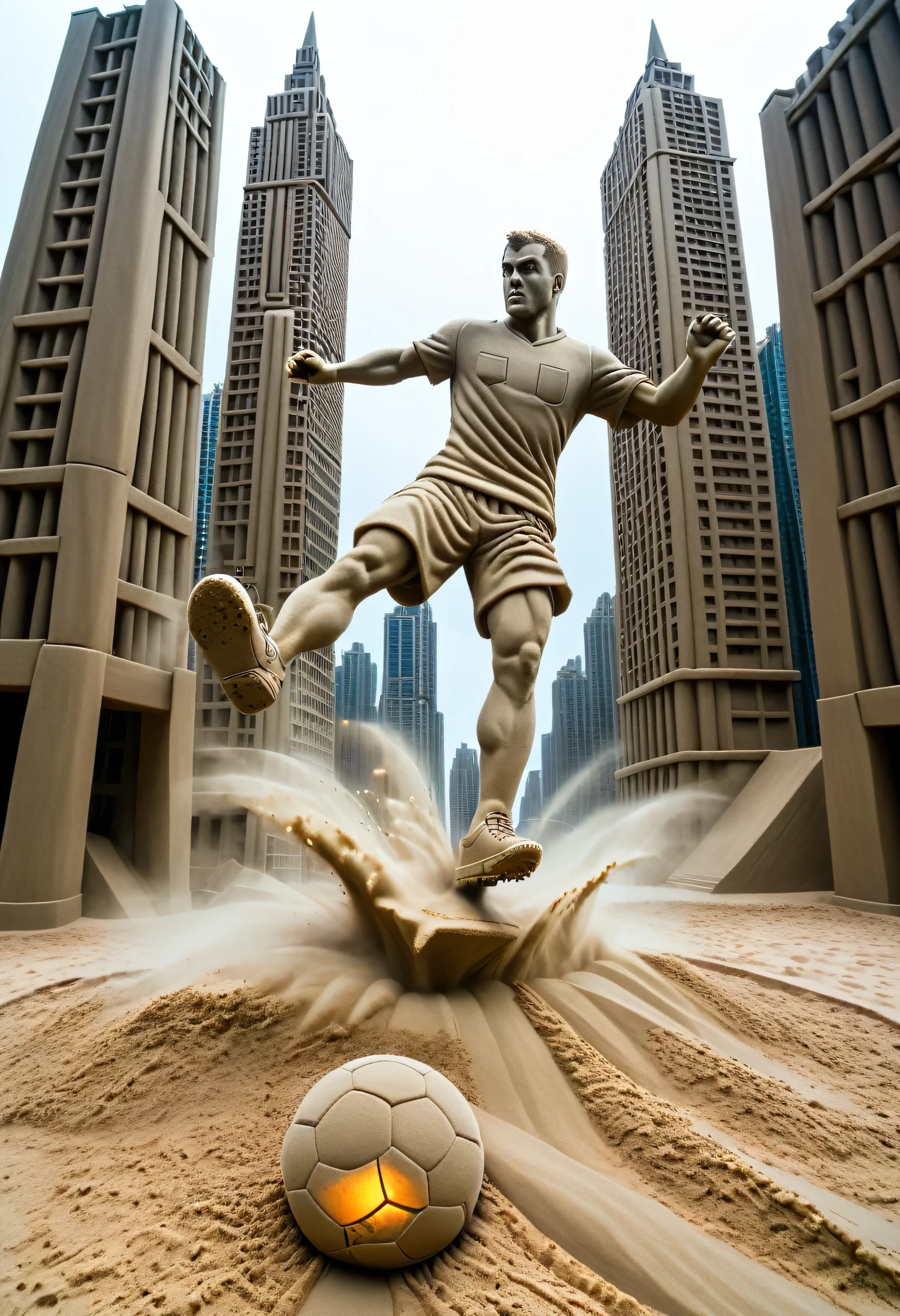 Sand sculpture style, Hero kicking a soccer ball on the football field,color,High-rise buildings,A strong sense of déjà vu