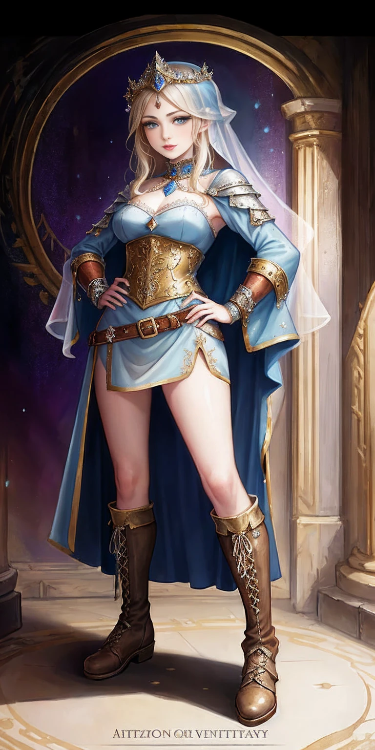 full body of a woman in a dress with a veil, feet together, standing feet together, military boots, beautiful fantasy maiden slave warrior, beautiful fantasy art portrait, fantasy victorian art, medieval fantasy art, beautiful and elegant queen, portrait of queen of light, fantasy portrait art, gothic fantasy art, a beautiful fantasy empress ((white background)) hands on hip