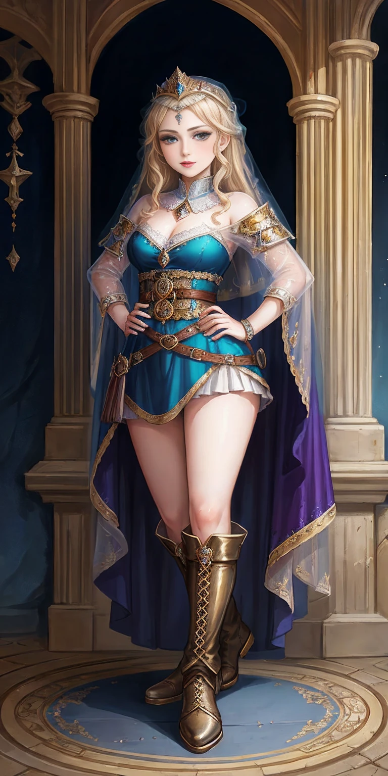full body of a woman in a dress with a veil, feet together, standing feet together, military boots, beautiful fantasy maiden slave warrior, beautiful fantasy art portrait, fantasy victorian art, medieval fantasy art, beautiful and elegant queen, portrait of queen of light, fantasy portrait art, gothic fantasy art, a beautiful fantasy empress ((white background)) hands on hip