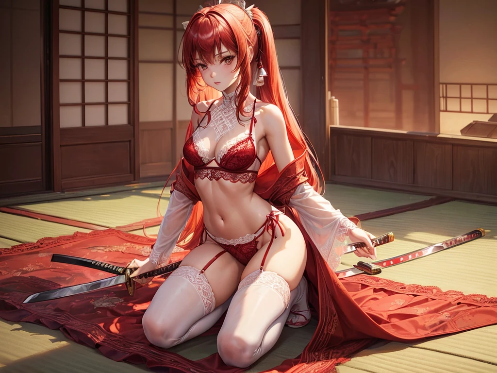 ((depic young girll)), (((top-quality, masterpiece))), 4k, HD, one girl, long hair, ((red hair)), straight hair, ((poney tail)), nice hips, Masterpiece, Excellent, complex details, delicate girl, delicate face, sassy, confident, white ribbons, brown eyes, clavicle, (((cute  white lace lingerie))), (((sofisticate red lace lingerie))) bare arms, bandage on arms, flat belly, (red kimono), (((kneeling))), sexy pose, ((katana sword on the ground)), Japanese garden, atmosphere of feudal Japan