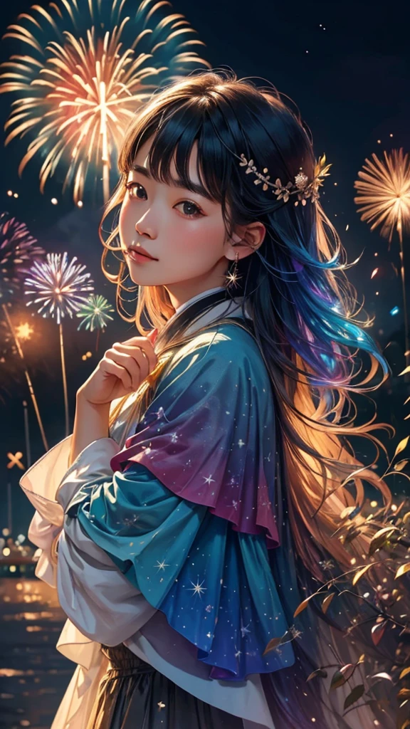 子Bear、Bear、子Bearたちに囲まれて、Mysterious Landscape、firework、firework大会、Rainbow colorsのfireworkが打ちあがっている瞬間、夜nullとともに、幻想的な海景色で壮大なfirework、future都市、Highest quality、masterpiece, (Diffuse reflection of light:1.2), When the fantastic rainbow turns into shadow, bathed in a mystical atmosphere.子Bearたちも見ています, Cast magic spells. evoke a sense of wonder and awe. A fusion of natural grandeur and magic, Weaving dreams into reality. Behold, null, And the unknown, Fleeting、And an eternal moment, 16K, Ultra-high resolution.Realistic, Ultra-high resolution, to be born,future、Rainbow colorsに光り輝く、Rainbow colors、The world 30 years from now。