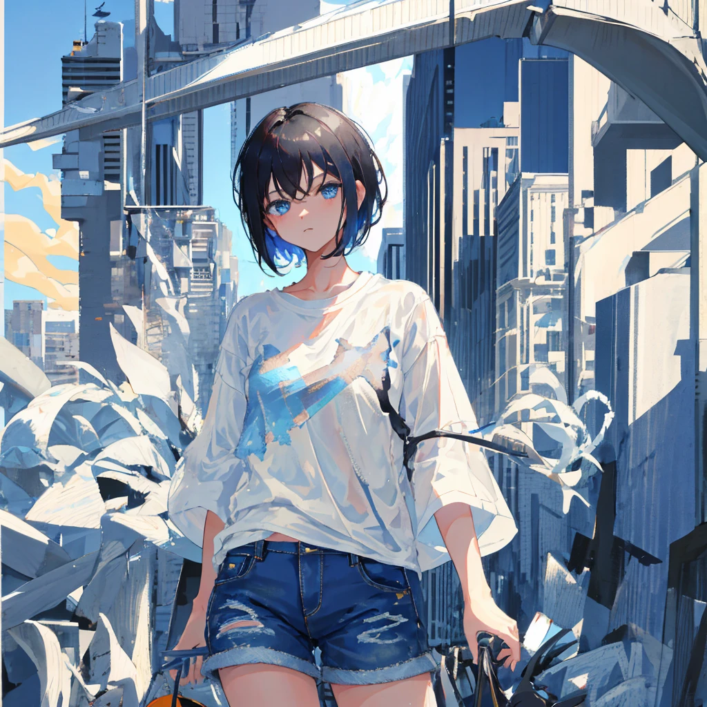 1girl, short black hair, blue eyes, wearing plain white shirt, denim shorts, city, absurdres, high res, ultrasharp, 8K, masterpiece, looking at viewer