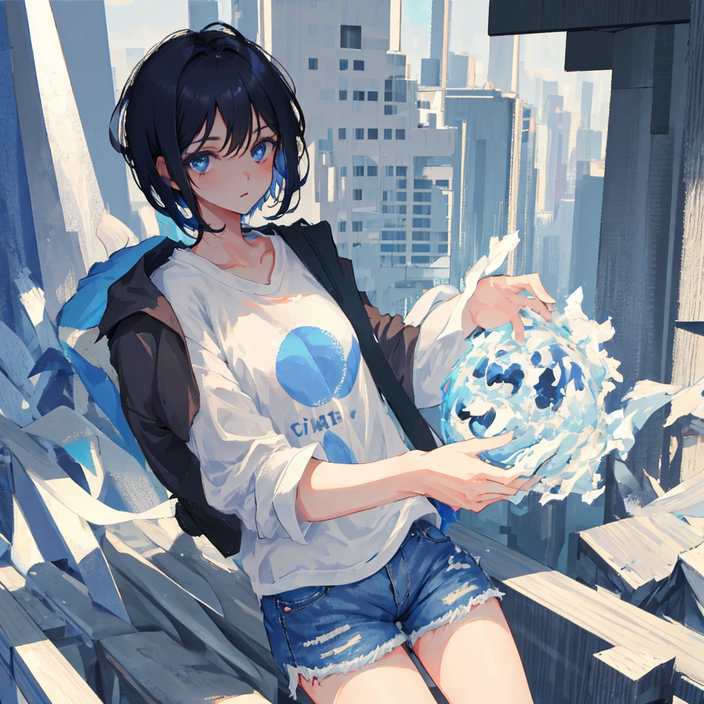 1girl, short black hair, blue eyes, wearing plain white shirt, denim shorts, city, absurdres, high res, ultrasharp, 8K, masterpiece, looking at viewer