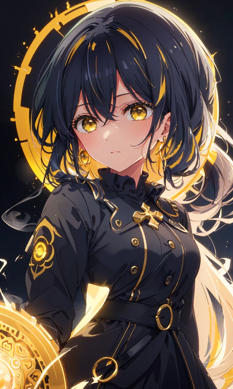masterpiece, best quality, Cinematic, Fancy effects, 1girl, Intricate details, shiny hair, shiny skin, detailed eye, hd eye, :|, beautiful eye, big eyes, gothic, big breasts, black hair, medium hair, yellow eyes, glowing eyes, baby face, goth, black casual outfit, black blazer, glowing nimbus (yellow glowing circle above head), Cross Earrings, hair between eyes, black gloves, upper body, looking at viewer, smoke background, face focus, long eyelashes, shiny eyelashes, long hair, messy hai, wavy hair, fluffy hair, glowing nimbus, vary long hair, colored hair (black hair front, yellow glowing hair background)