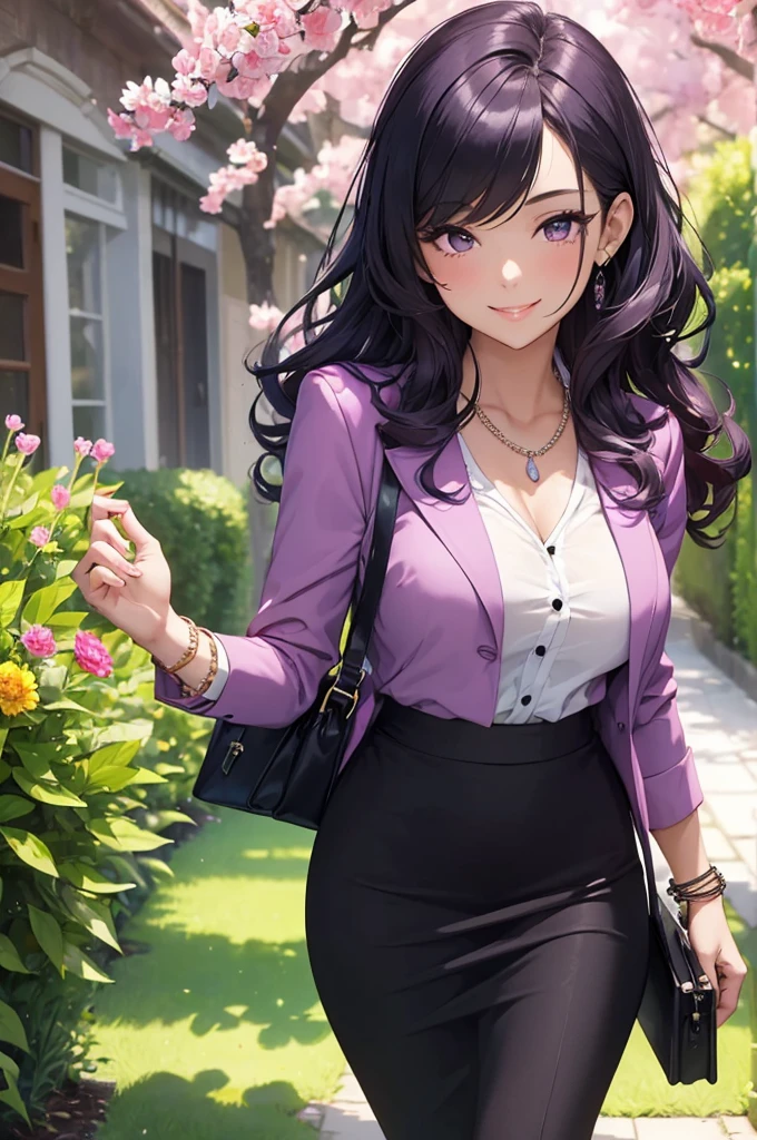 ((masterpiece, best quality, ultra-detailed)), 1girl, beautiful business woman walking through a summer garden, smiling, wearing pink blouse and blazer, bracelet, necklace, black midi pencil skirt, black business skirt, full body, wavy purple hair