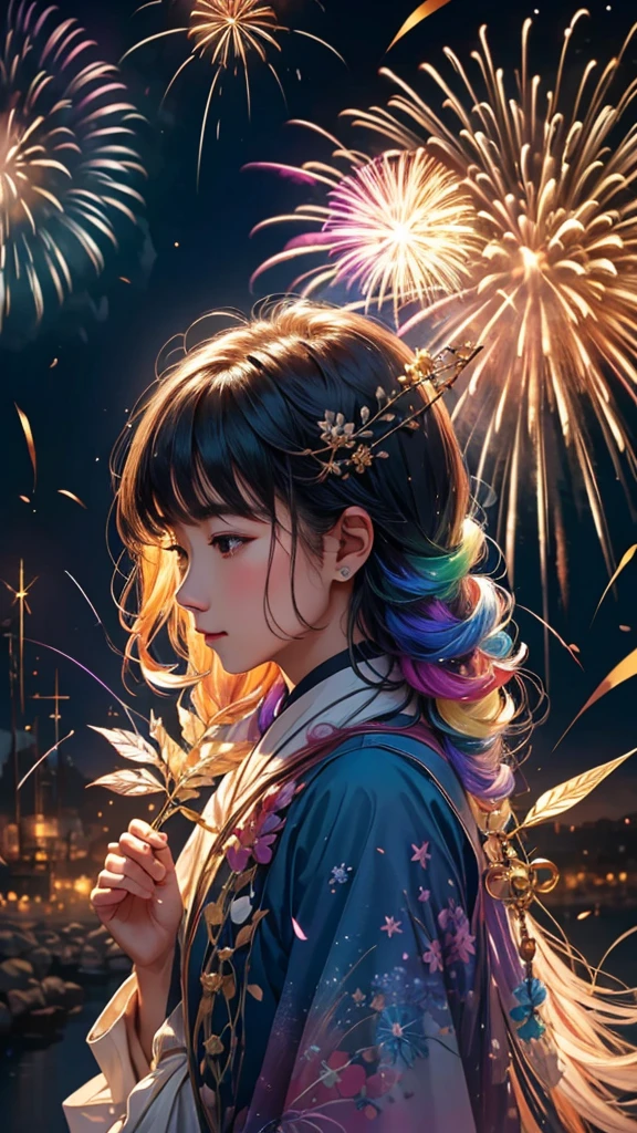 子Bear、Bear、子Bearたちに囲まれて、Mysterious Landscape、firework、firework大会、Rainbow colorsのfireworkが打ちあがっている瞬間、夜nullとともに、幻想的な海景色で壮大なfirework、future都市、Highest quality、masterpiece, (Diffuse reflection of light:1.2), When the fantastic rainbow turns into shadow, bathed in a mystical atmosphere.子Bearたちも見ています, Cast magic spells. evoke a sense of wonder and awe. A fusion of natural grandeur and magic, Weaving dreams into reality. Behold, null, And the unknown, Fleeting、And an eternal moment, 16K, Ultra-high resolution.Realistic, Ultra-high resolution, to be born,future、Rainbow colorsに光り輝く、Rainbow colors、The world 30 years from now。