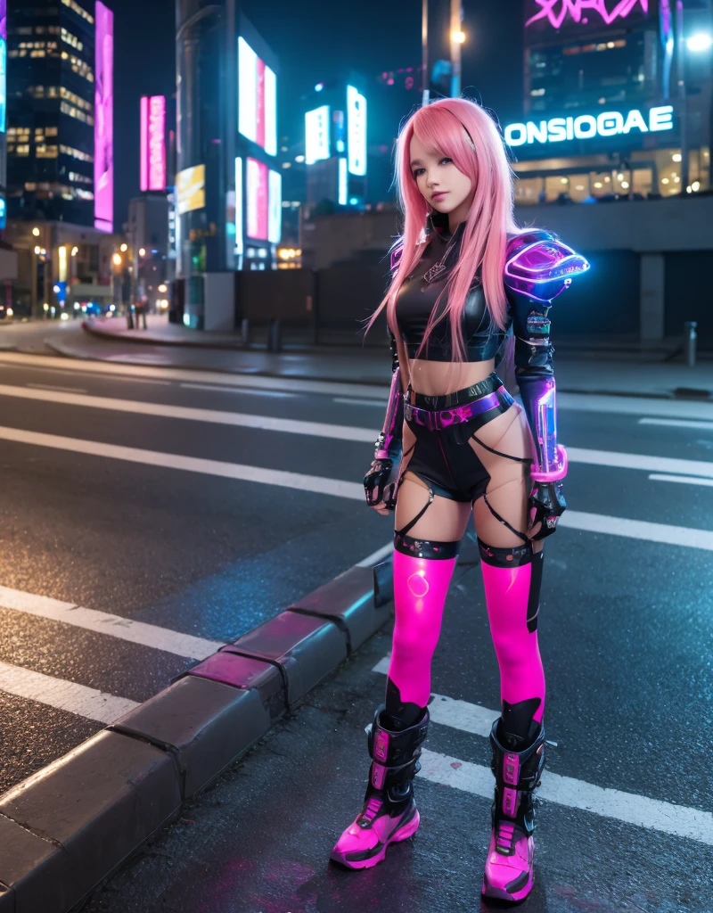 (Best quality,4K,8K,A high resolution,Masterpiece:1.2),Ultra-detailed,(Realistic,Photorealistic,photo-realistic:1.37),Cyberpunk Girl, wearing a holographic goddess outfit, Futuristic cyberpunk city landscape, Pink hair, night time ,mysterious, Vibrant colors,which stands on the street, cyber goth boots, cool cyber headphone, Science fiction elements, urban chic, with long straight hair