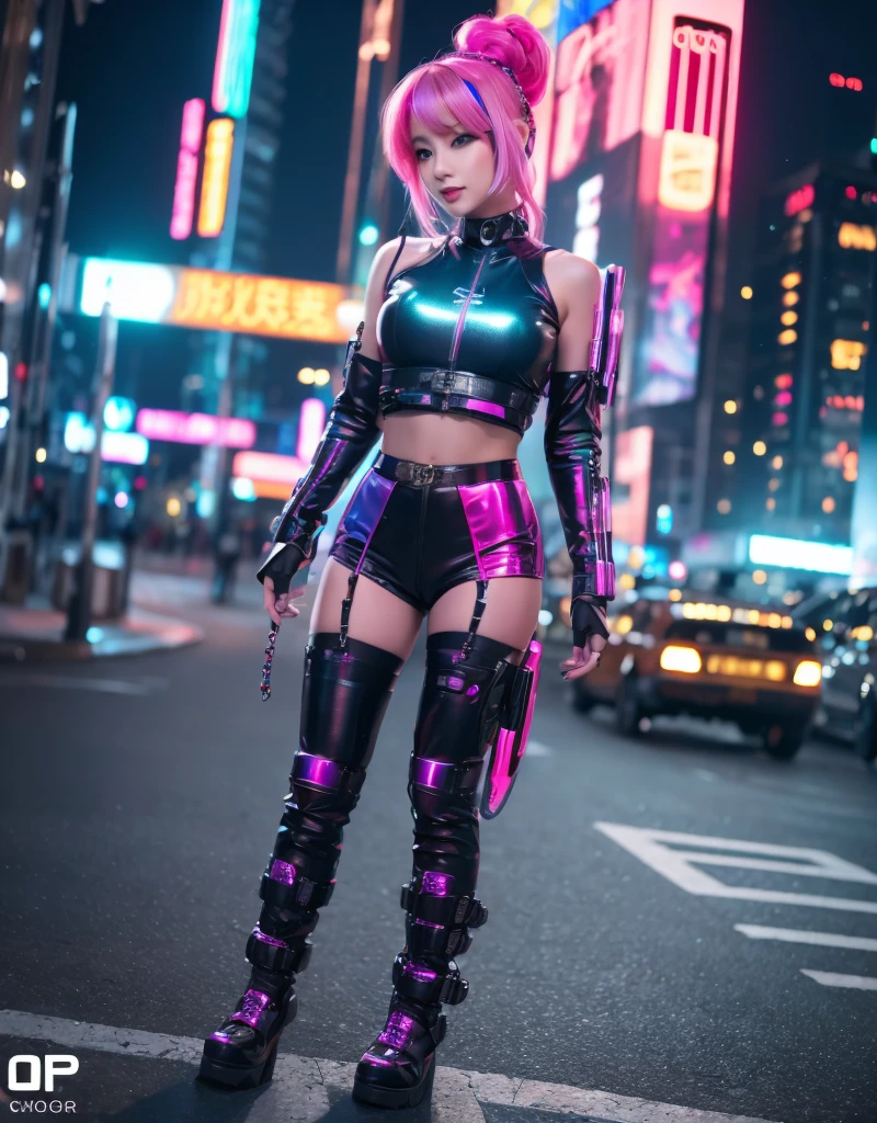 (Best quality,4K,8K,A high resolution,Masterpiece:1.2),Ultra-detailed,(Realistic,Photorealistic,photo-realistic:1.37),Cyberpunk Girl, wearing a holographic goddess outfit, Futuristic cyberpunk city landscape, Pink hair, night time ,mysterious, Vibrant colors,which stands on the street, cyber goth boots, cool cyber headphone, Science fiction elements, urban chic, with long straight hair