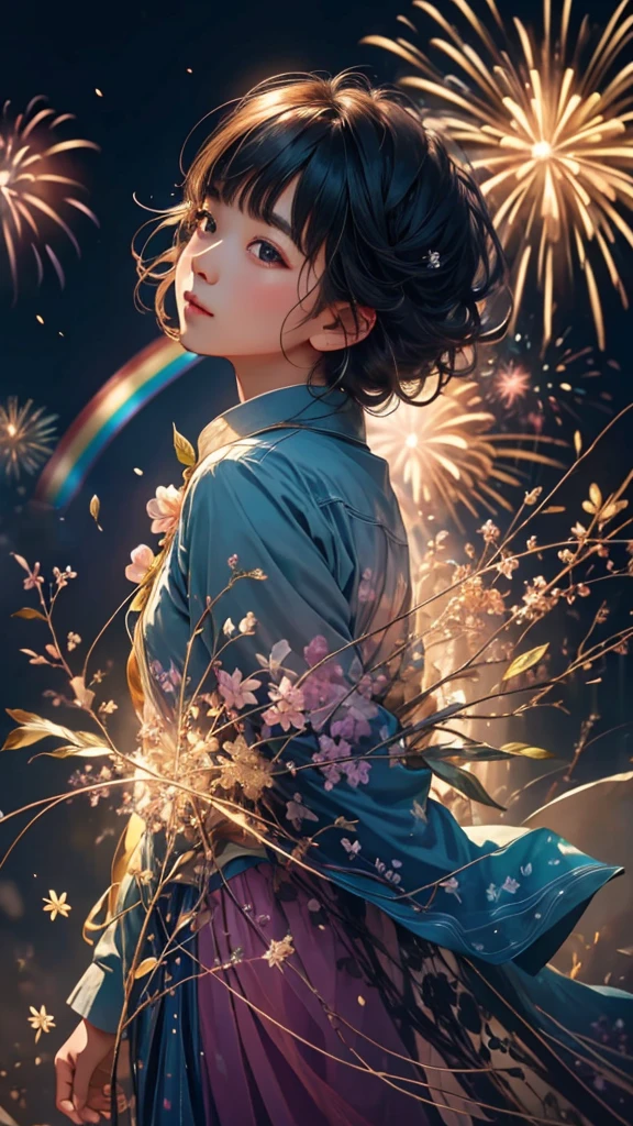 子Bear、Bear、子Bearたちに囲まれて、Mysterious Landscape、firework、firework大会、Rainbow colorsのfireworkが打ちあがっている瞬間、夜nullとともに、幻想的な海景色で壮大なfirework、future都市、Highest quality、masterpiece, (Diffuse reflection of light:1.2), When the fantastic rainbow turns into shadow, bathed in a mystical atmosphere.子Bearたちも見ています, Cast magic spells. evoke a sense of wonder and awe. A fusion of natural grandeur and magic, Weaving dreams into reality. Behold, null, And the unknown, Fleeting、And an eternal moment, 16K, Ultra-high resolution.Realistic, Ultra-high resolution, to be born,future、Rainbow colorsに光り輝く、Rainbow colors、The world 30 years from now。