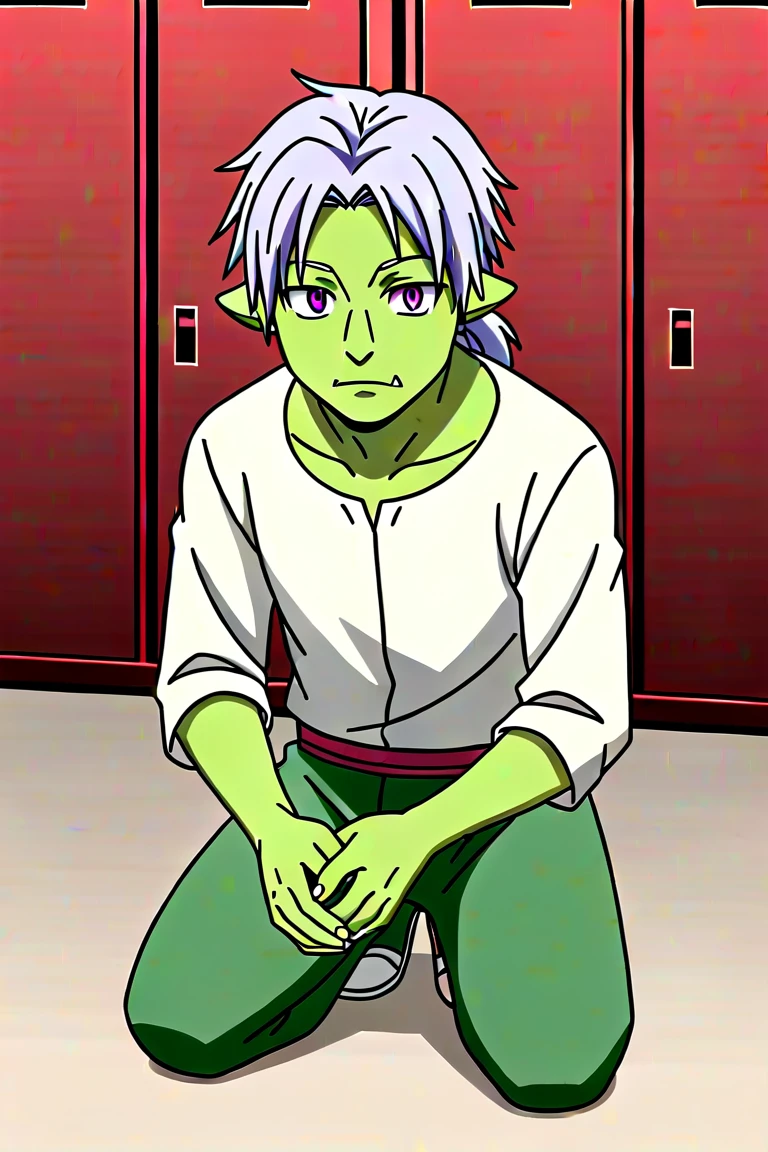 score_9, score_8_up, score_7_up, source_anime, rating_safe, intricate details, anime screencap, , official style, looking at viewer, , 1boy, solo, male focus, rigur_tensura, grey hair, purple eyes, pointy ears, colored skin, green skin, goblin, , tusks, ponytail, rule of thirds, locker room, light, slouching, happy, teddy bear costume, ((((((Full Body Image))))))