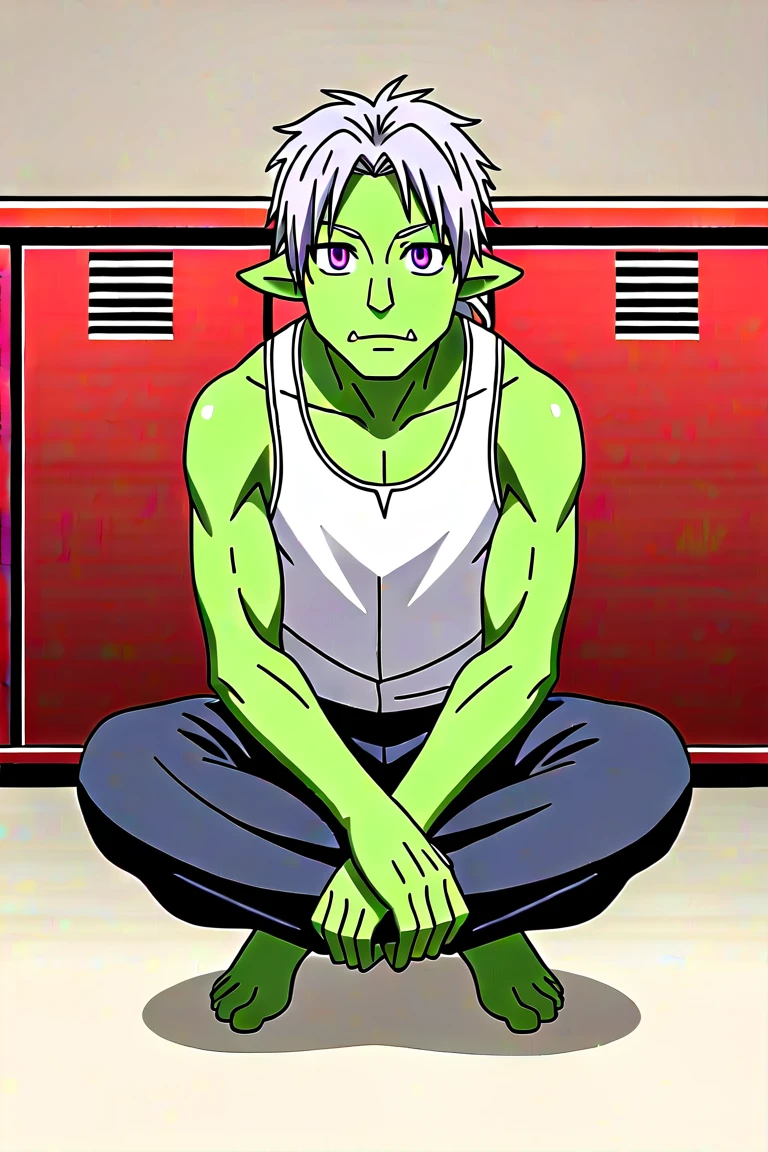 score_9, score_8_up, score_7_up, source_anime, rating_safe, intricate details, anime screencap, , official style, looking at viewer, , 1boy, solo, male focus, rigur_tensura, grey hair, purple eyes, pointy ears, colored skin, green skin, goblin, , tusks, ponytail, rule of thirds, locker room, light, slouching, happy, teddy bear costume, ((((((Full Body Image))))))