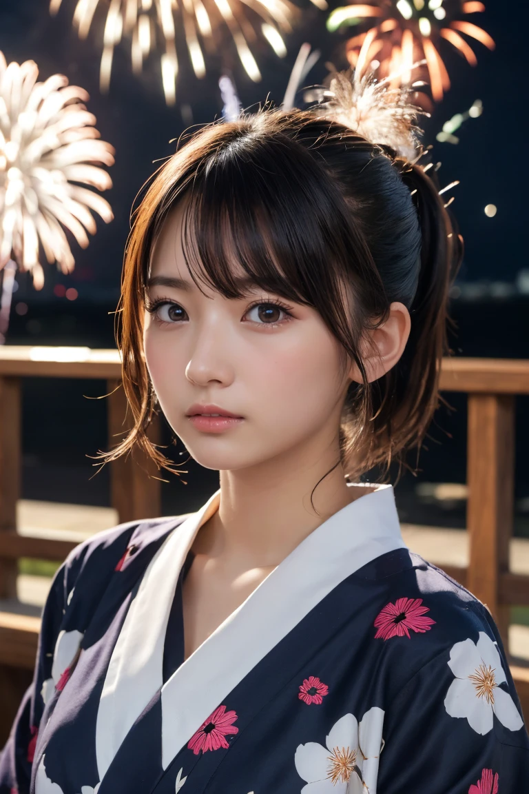 Highest quality, The finer details, (Beautiful single girl))), Highly detailed eyes and face, firework, yukata, looking up at firework, ponytail, Large tear bags, double eyelid