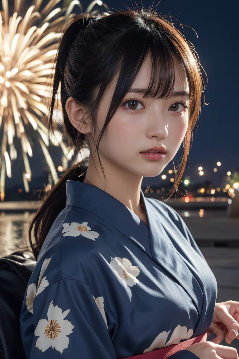 Highest quality, The finer details, (Beautiful single girl))), Highly detailed eyes and face, firework, yukata, looking up at firework, ponytail, Large tear bags, double eyelid
