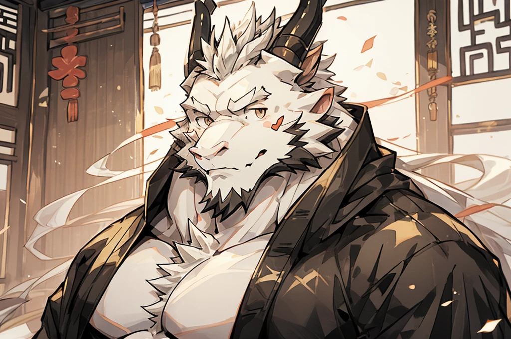 (white eastern dragon),furry,white mustache,big pecs,hearty males,muscular,black imperial robe,naked,adult,traditional_chinese_room,head portrait,hypnosis,Long medium length (slightly longer than chin )
