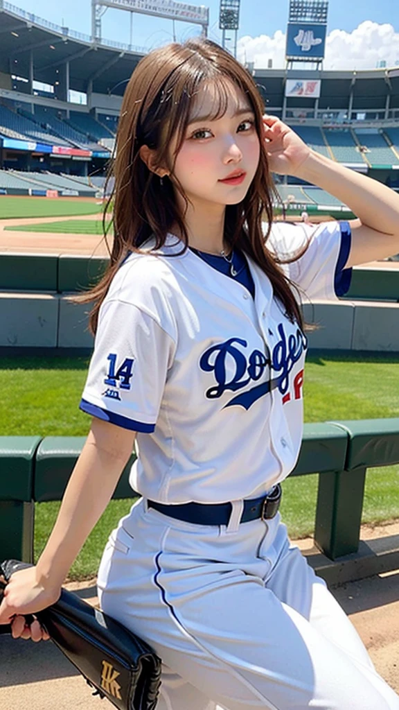 (8k, masterpiece, highest quality),girl１name、baseball、pitching、Dodgers clothes、Simple baseball stadium background、head shot