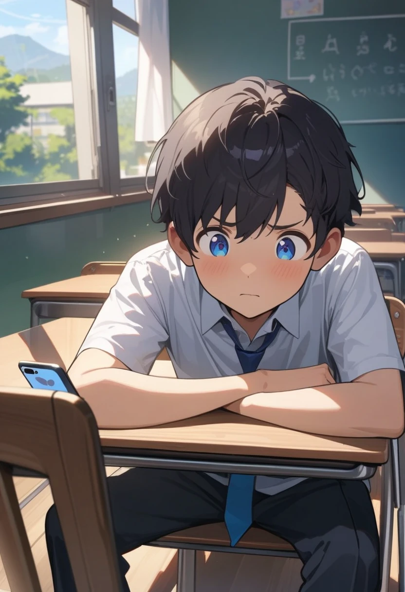 masterpiece, best quality, extremely detailed, ultra detailed, flat anime, 2D, ((1boy)),black hair, (short hair:1.5),blue eyes, height 1.7meters, (circle eyes:1.2), (young adult:1.2), Ear-length sideburns,height 1.7meters, High School Uniforms, white shirt, blue tie, ((short sleeves)), ((long pants)), sitting, closed mouth, thinking, upper body, summer, classroom, 11AM,looking at his smart phone., Operating a smart phone, bangs,(tareme:1.2), dircle face