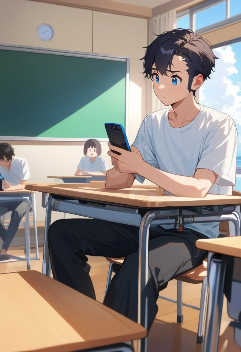 masterpiece, best quality, extremely detailed, ultra detailed, flat anime, 2D, ((1boy)),black hair, (short hair:1.5),blue eyes, height 1.7meters, (circle eyes:1.2), (young adult:1.2), Ear-length sideburns,height 1.7meters, High School Uniforms, white shirt, blue tie, ((short sleeves)), ((long pants)), sitting, closed mouth, thinking, upper body, summer, classroom, 11AM,looking at his smart phone., Operating a smart phone, bangs,(tareme:1.2), dircle face