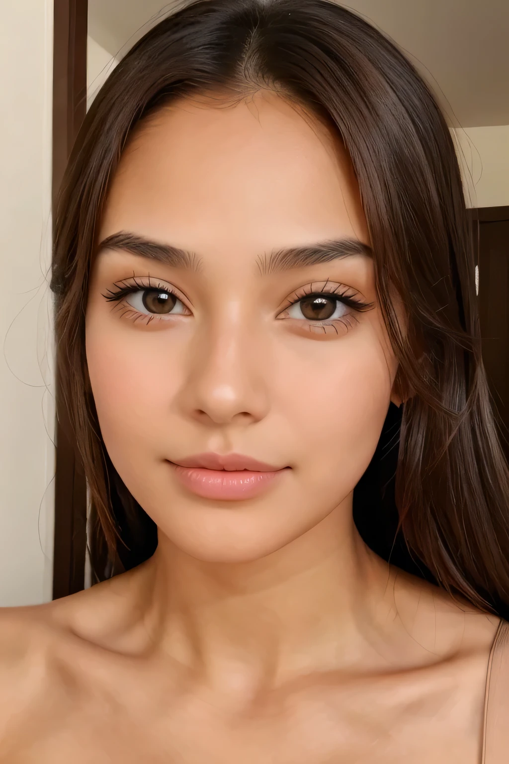 Describe girl with a heart-shaped face, almond-shaped brown eyes, high cheekbones, a straight nose,