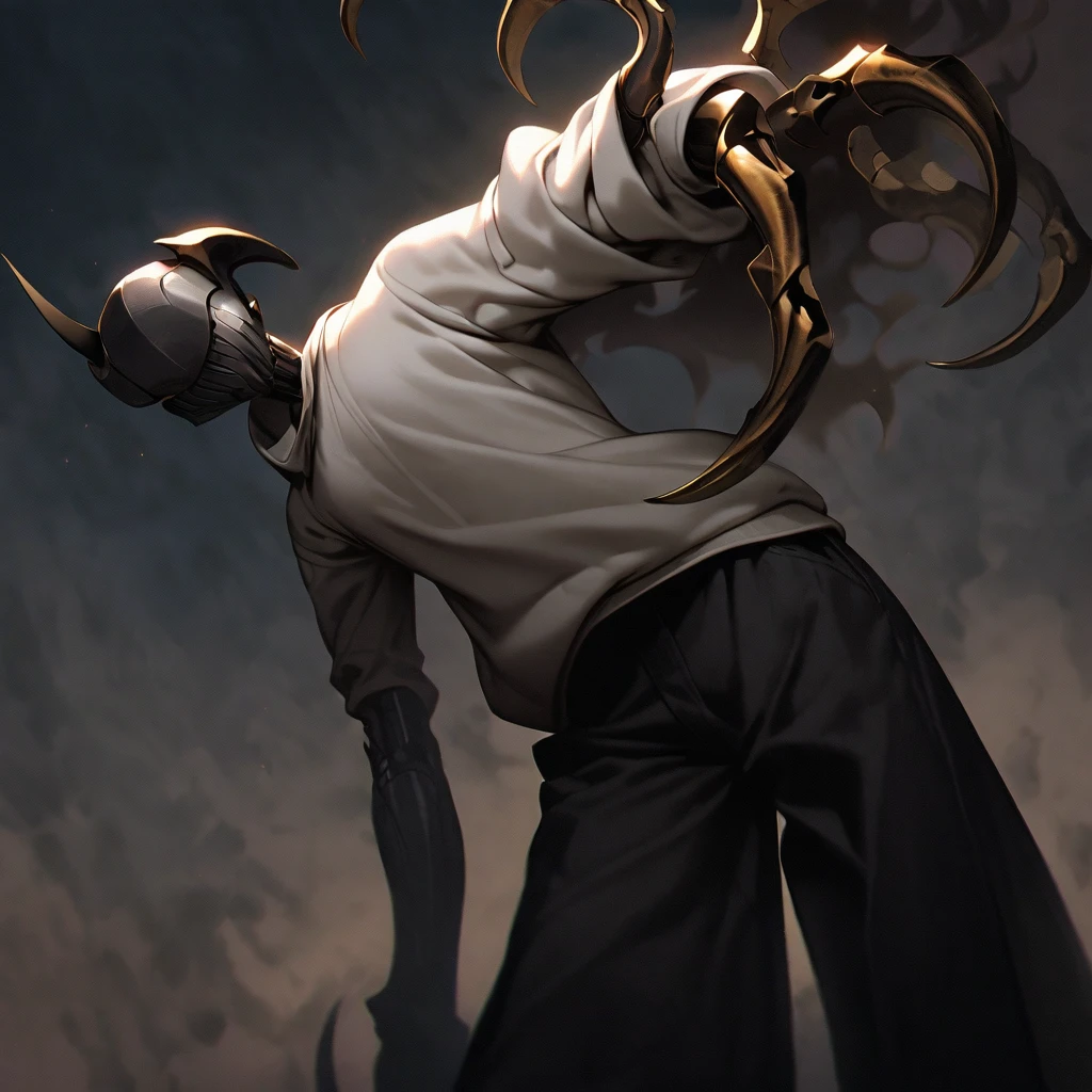 (well done:1) woman, short yellow slightly wavy hair, black horns and a black areola, white eyes, The arm starts at the top with a very light, almost white skin color.  As it travels down the arm, the color gradually changes to a smoky gray that becomes increasingly darker.  This transition is smooth and looks like a shadow effect or spots that spread across the arm. The lower part of the arm and the hand are completely black.  The arm, giving an almost skeletal appearance. The fingers are long, thin and well articulated, with visibly defined joints.  The hand and fingers have a somewhat angular and tapered shape, which gives the impression of claws or something similar.  The skin texture appears rough.  Loose gray sweatshirt with hood, loose black pants, black flip-flops.