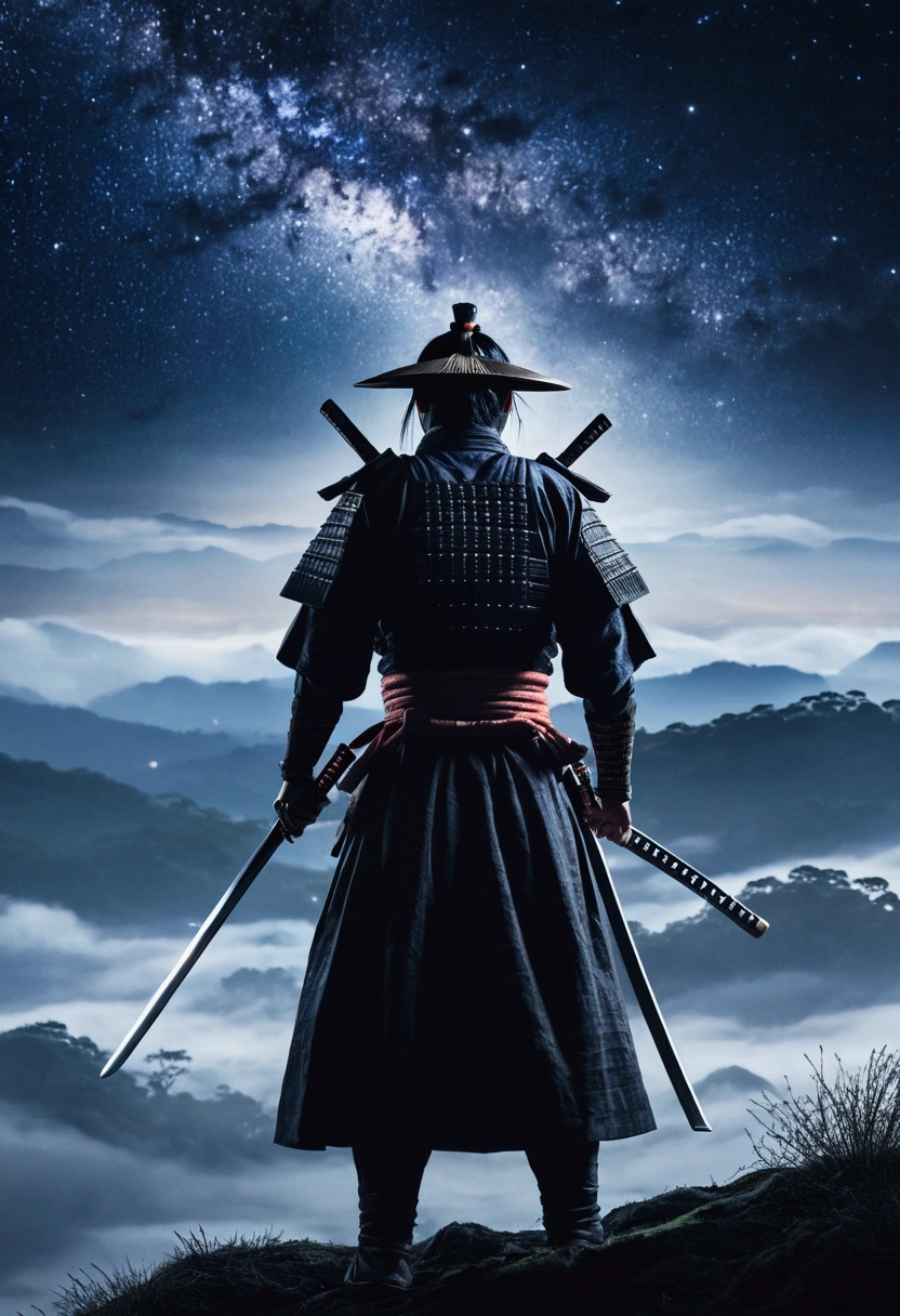 The samurai holds a katana, Starry skies and mist shroud the landscape.