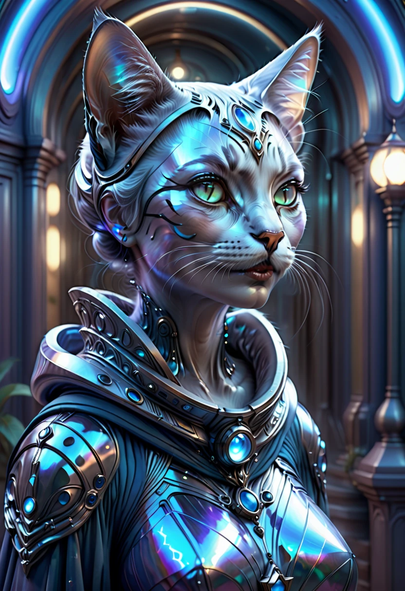 Beautiful neofuturistic woman, Granny cat, Lady Moonlight, by Marc Simonetti, detailed, kaleidoscope, holographic, aesthetic, trending on artstation,hyper realistic,4k, unreal engine,cinematographic, corona render