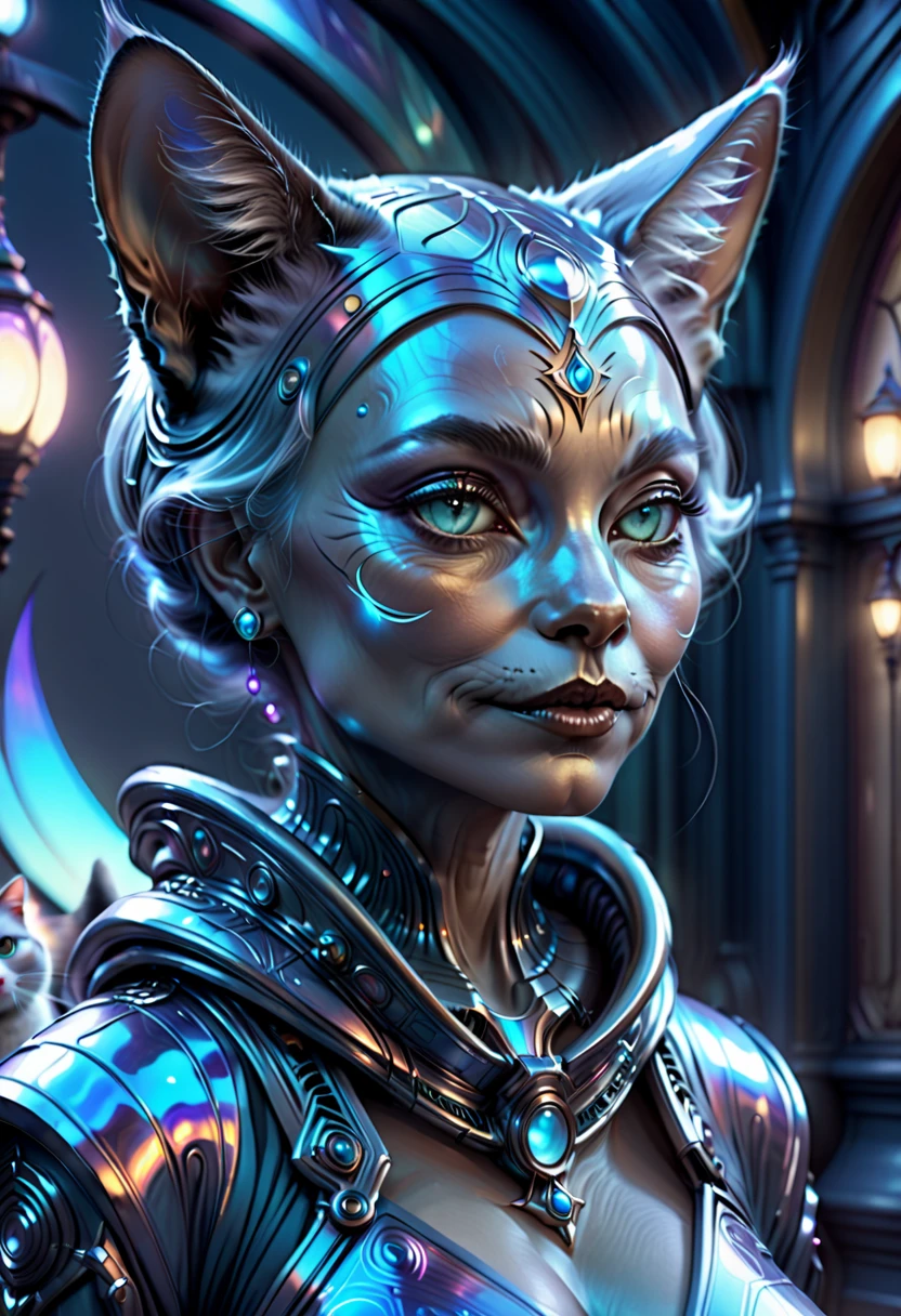 Beautiful neofuturistic woman, Granny cat, Lady Moonlight, by Marc Simonetti, detailed, kaleidoscope, holographic, aesthetic, trending on artstation,hyper realistic,4k, unreal engine,cinematographic, corona render
