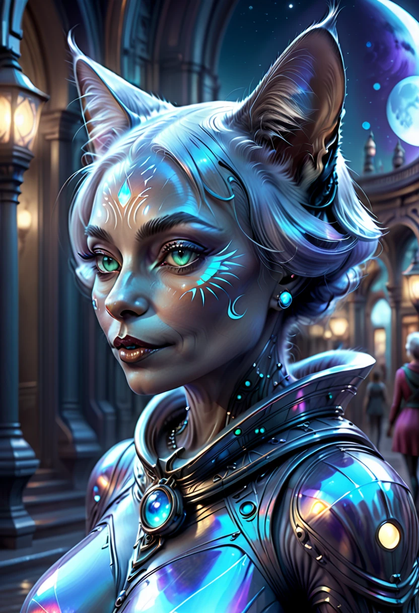 Beautiful neofuturistic woman, Granny cat, Lady Moonlight, by Marc Simonetti, detailed, kaleidoscope, holographic, aesthetic, trending on artstation,hyper realistic,4k, unreal engine,cinematographic, corona render