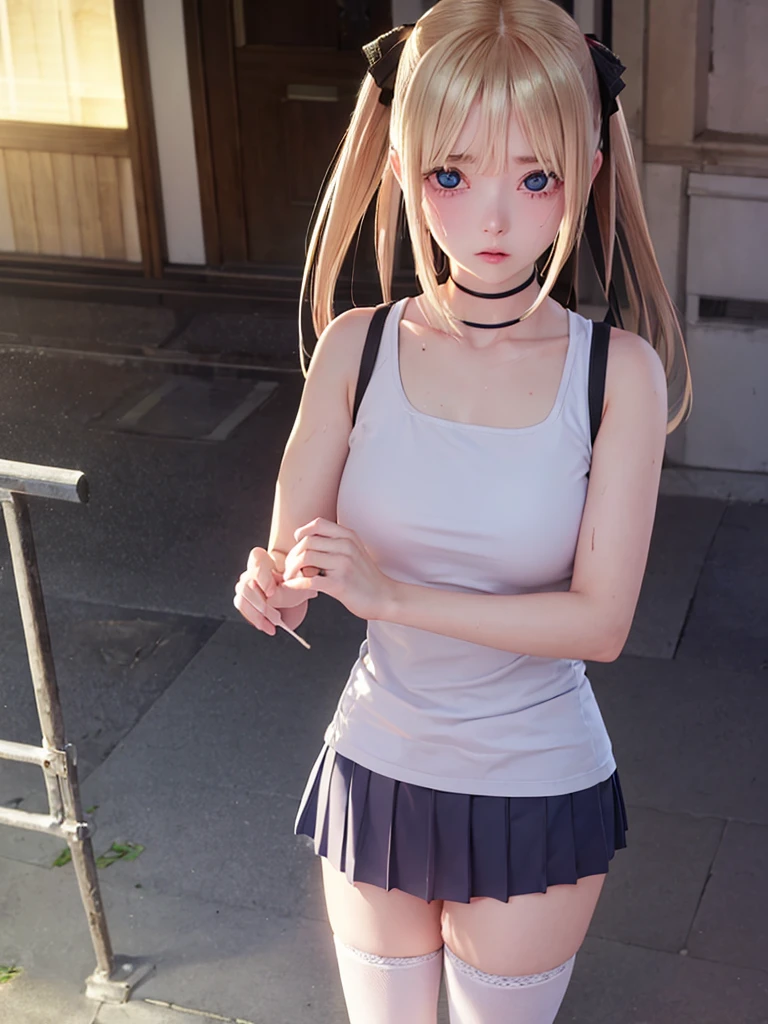 blue eyes, hair ornaments, Hair Ribbon,Show your forehead、Twin tails、 Random color tennis wear, clavicle, Thighs, blush,, Lace choker, short hair,,No bra,,Highly detailed skin, Highly detailed face, (beautiful Fine grain, the girl, Red cheeks), (A girl is standing), The girl is a cute 18-year-old tennis player., (Not wearing a bra, Knee socks、 The girl has a toned figure., Pink tennis wear, Sun visor,, Tennis court, ((I took the photo from the front、The girl contains the whole body)), flowing、Fine grain, Perfect functionality, ( Highest quality, good quality:1.4), Intricate details,Closely、Embarrassed expression、blush、Shining Sweat、Perfect Skin,Sweat is noticeable in the cleavage、、Thighsの汗が目立つ、 Fair skin,Tight waist, Sweating profusely、Sweaty hair、Sweaty clothes、Sweaty、Visible sweat、Sweat-soaked hair、Athlete System、Cherry blossom petals fluttering、Blonde、Silver Hair、Serve Form、Volley Form、Receive form、