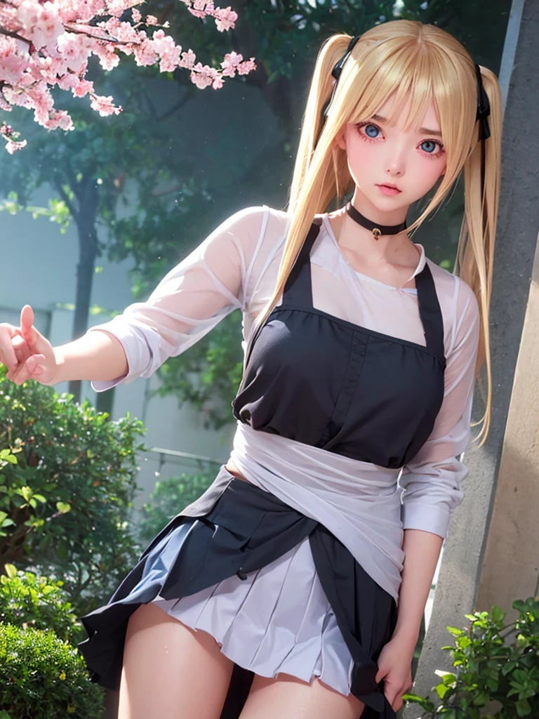 One girl,masterpiece,Highest quality,Blonde,stockings,Check mini skirt),Short skirt JK,,Are standing,In total length,Medium chest,Very detailed,[[Realistic]],Beautiful and attractive anime ,Enchanting anime girl,Swinging skirt,blue eyes, hair ornaments, Hair Ribbon,Show your forehead、Twin tails、Random colored see-through  uniform、Lace choker, short hair,,No bra,,Very detailed肌, Realistic texture、Very detailed顔, (Beautiful Fine Eyes, ,The girl has a toned figure., Intricate details,Closely、Embarrassed expression、blush、Shining Sweat、Perfect Skin,Sweat is noticeable,胸の谷間のSweat is noticeable、太もものSweat is noticeable、 Fair skin,Tight waist, Sweating profusely、Sweaty hair、Clothes that become transparent due to sweat、Sweaty、Visible sweat、Sweat-soaked hair、Athlete System、Cherry blossoms fluttering down、Silver Hair、Night cityscape。Reflection of light、moonlight、No sleeve