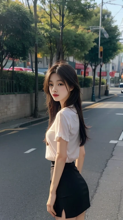 1 Girl,roadside,Soft Light,Chinese Beauty,tight skirt,Dark-haired