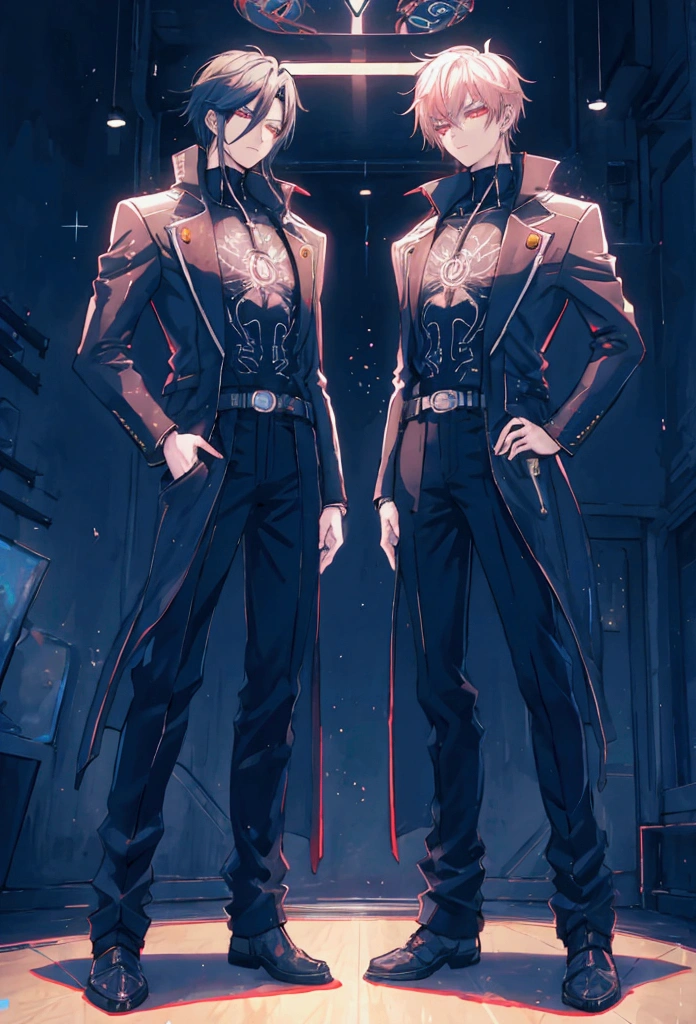 anime cyberpunk style, man in coffee shop, highly detailed, HD, dark background,two boys,(handsome)Look at each other affectionately