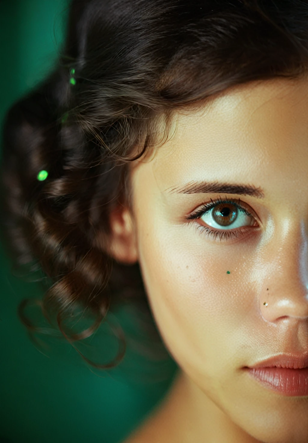 Cinematographic film, shot of, Ohwx woman in focus, portrait, bathed in one shade of rich emerald green, highlighting the brown spots in her eyes, minimalist makeup, emphasizing her natural features, single strand of hair, curling down her cheek, a sense of mystery and intrigue. . shallow depth of field, vignette, very detailed, high budget, hips, synoscope, capricious, epic, fabulous, granularity, grainy