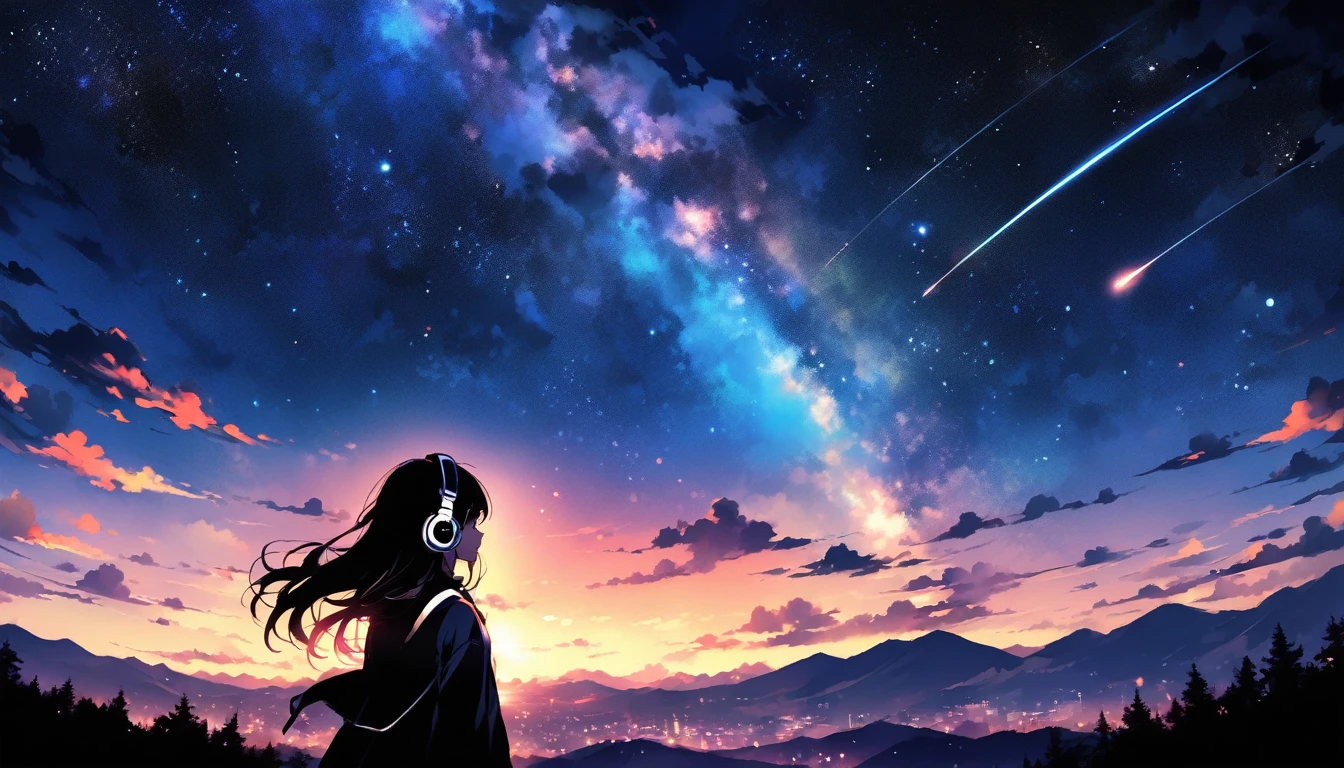 sunset、hill、cloud、Long Hair、woman、Back view、Beautiful starry sky、Look up at the sky、The wind is blowing、Wide sky、Headphones、shooting star