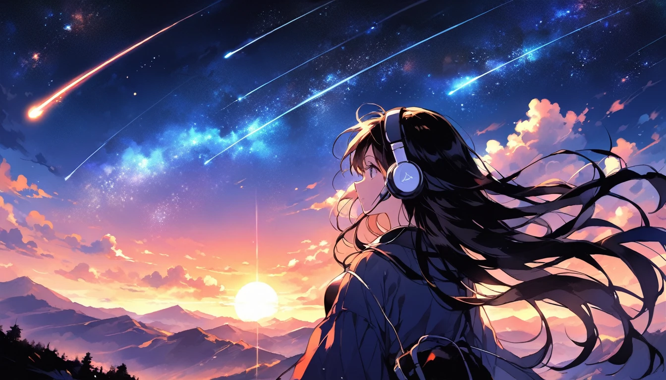 sunset、hill、cloud、Long Hair、woman、Back view、Beautiful starry sky、Look up at the sky、The wind is blowing、Wide sky、Headphones、shooting star