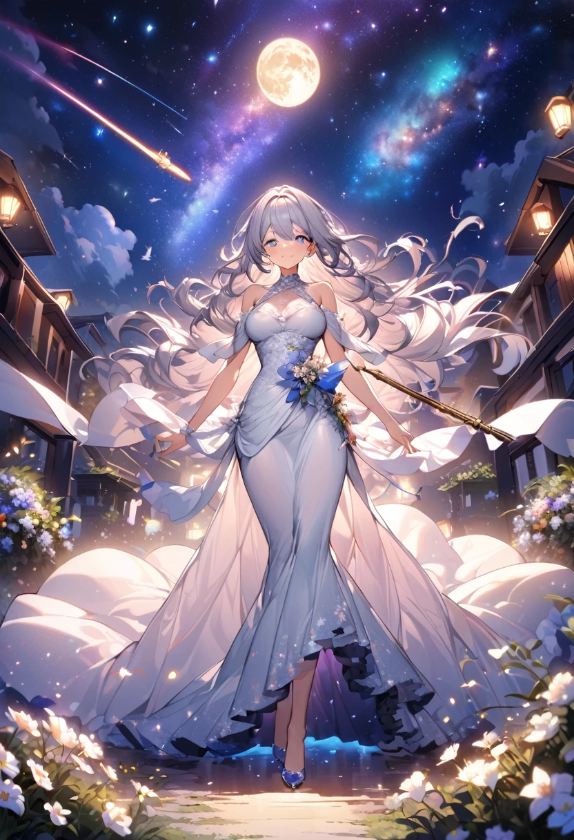Highest quality, Great quality, 16K, Unbelievably absurd, Very detailed, 2.5D, delicate and dynamic, Small faint lights and flying fireflies, night, Starry Sky, milky way, nebula, shooting star, Flowers, bird, Wind and Moon,erotic, Only sexy women, Healthy body shape, 22-year-old woman, White Devil Guide, Height: 170cm, Large, firm, swaying bust, Delicate eye depiction, Colorful magic wand, A long dress with a complex structure, Colorful long dress, Ruffled see-through long dress