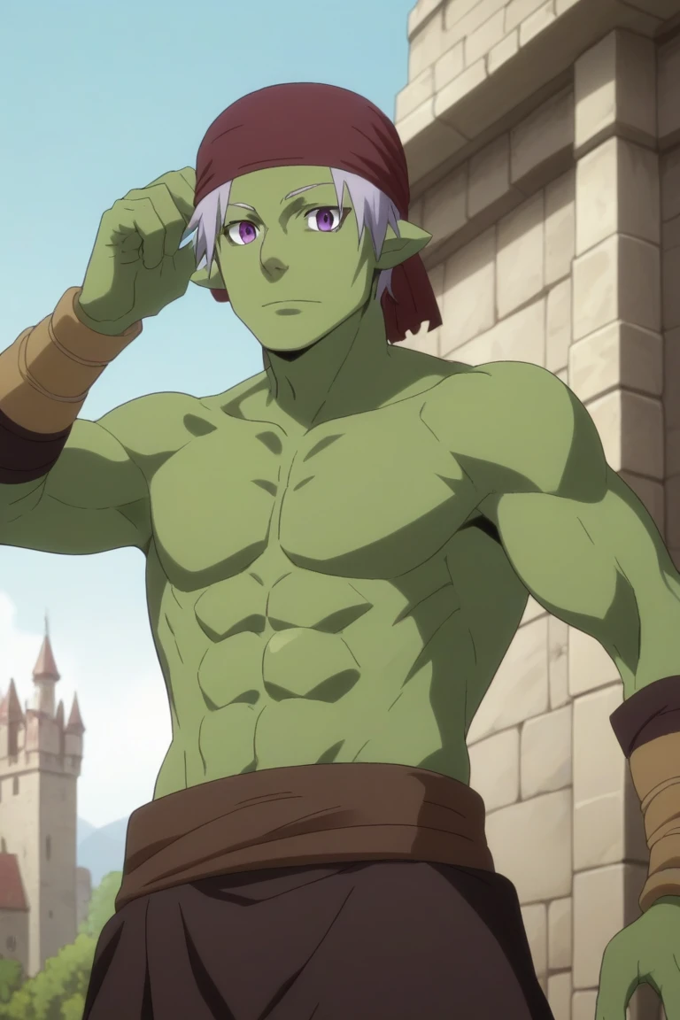 score_9, score_8_up, score_7_up, source_anime, rating_safe, intricate details, anime screencap, , official style, looking at viewer, , 1boy, solo, male focus, rigur_tensura, grey hair, purple eyes, pointy ears, colored skin, green skin, goblin, bandana, , , from below, castle, dawn, (dynamic pose)