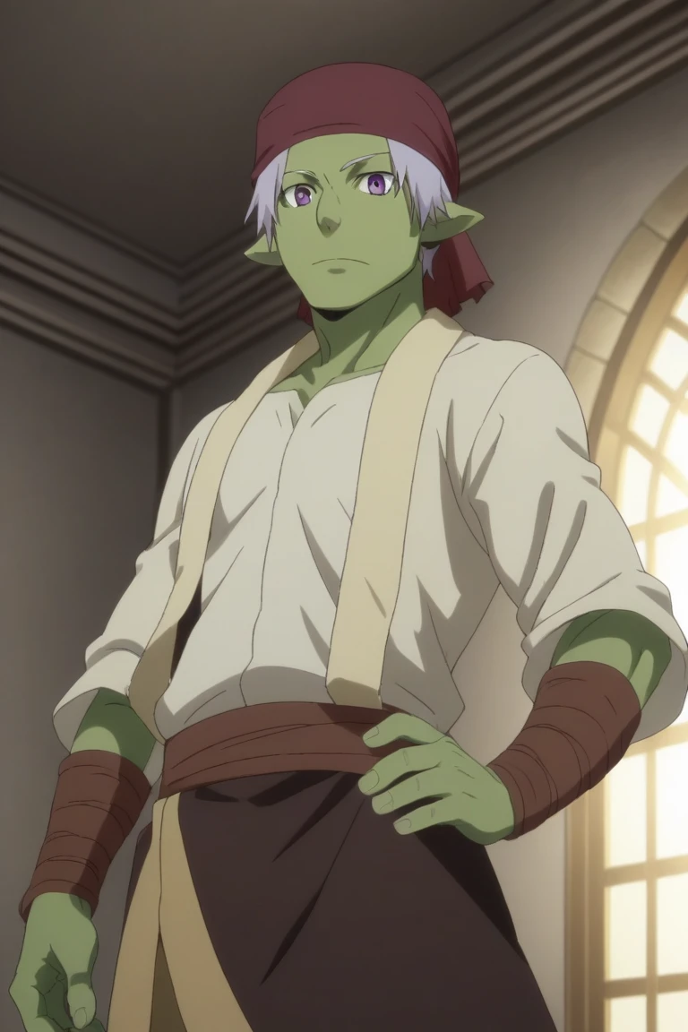 score_9, score_8_up, score_7_up, source_anime, rating_safe, intricate details, anime screencap, , official style, looking at viewer, , 1boy, solo, male focus, rigur_tensura, grey hair, purple eyes, pointy ears, colored skin, green skin, goblin, bandana, , , from below, castle, dawn, (dynamic pose)