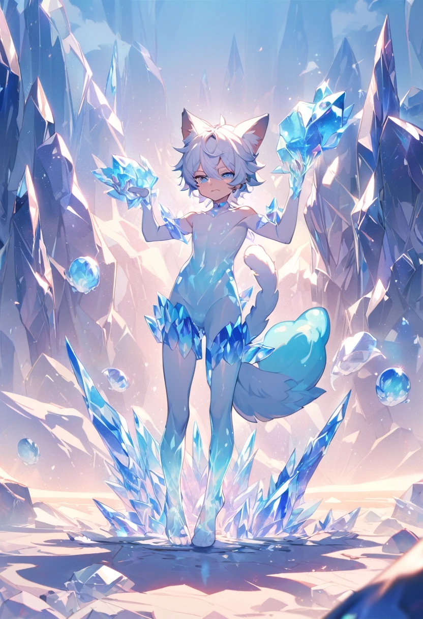 Little male cat,boys,Has a tail,charming的,Thin,struggle,eternal,Crystalline,Blue slime,Feet turned into crystal,Hands turned into crystal,Crystal legs,Crystal feet,Crystal hands,illumination,freeze,脚被freeze,charming,boys们 ,蓝色Crystal feet,穿着Tight Fit衣,plastic,Full body portrait,Smooth,全身Tight Fit衣,Thin,Light blue gel coat,Full body gel coating,outdoor,naked,Small pants,Tight Fit,No clothes,Crystal Calf,crystal thighs,Crystal Torso,Crystal hands臂