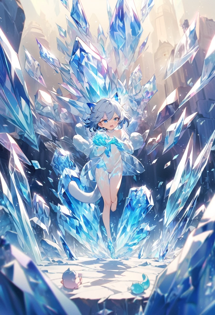 Little male cat,boys,Has a tail,charming的,Thin,struggle,eternal,Crystalline,Blue slime,Feet turned into crystal,Hands turned into crystal,Crystal legs,Crystal feet,Crystal hands,illumination,freeze,脚被freeze,charming,boys们 ,蓝色Crystal feet,穿着Tight Fit衣,plastic,Full body portrait,Smooth,全身Tight Fit衣,Thin,Light blue gel coat,Full body gel coating,outdoor,naked,Small pants,Tight Fit,No clothes,Crystal Calf,crystal thighs,Crystal Torso,Crystal hands臂