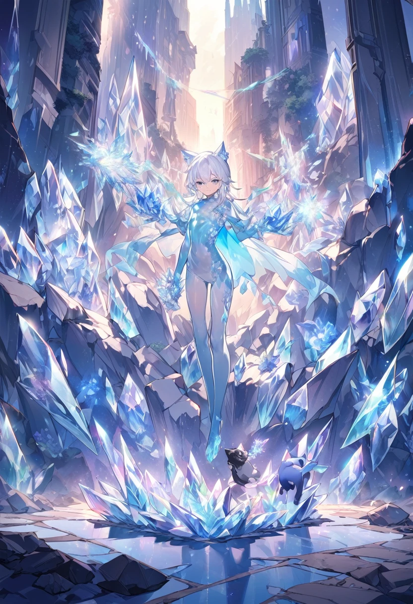 Little male cat，Boys，Has a tail，Lovely，Thin，struggle，eternal，crystallic，Blue slime，Feet turned into crystal，Hands turned into crystal，Crystal legs，Crystal feet，Crystal hands，illumination，freeze，脚被freeze，charming，Boys们 ，蓝色Crystal feet，穿着Tight Fit衣，plastic，Full body portrait，Smooth，全身Tight Fit衣，Thin，Light blue gel coat，Full body gel coating，outdoor，naked，Small pants，Tight Fit，No clothes，坐在地板上看着自己的Crystal feet，Crystal calf，Crystal hands臂，Crystal hips，Crystal clothes