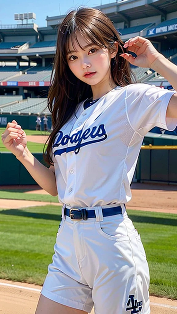 (8k, masterpiece, highest quality),girl1name、baseball、pitching、Dodgers clothes、Simple baseball stadium background、head shot