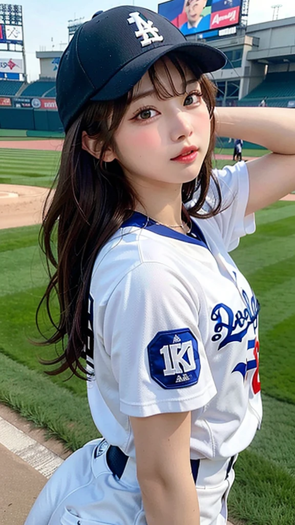 (8k, masterpiece, highest quality),girl1name、baseball、pitching、Dodgers clothes、Simple baseball stadium background、head shot